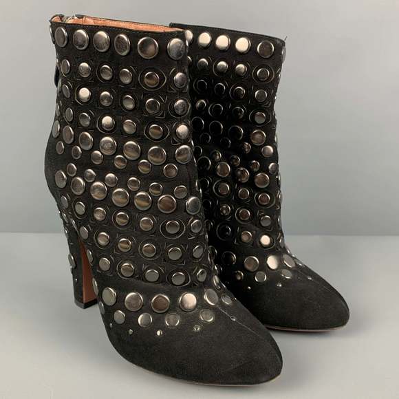 ALAIA Black Leather Studded Suede Back Zip Boots - Picture 2 of 7